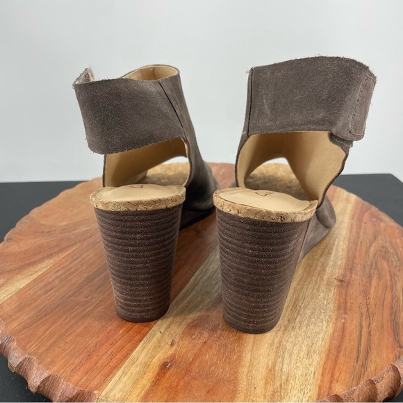 Clarks Cusion Suede Cork Wedges Slingback Sandals brown taupe 10 peep toe - Picture 4 of 7